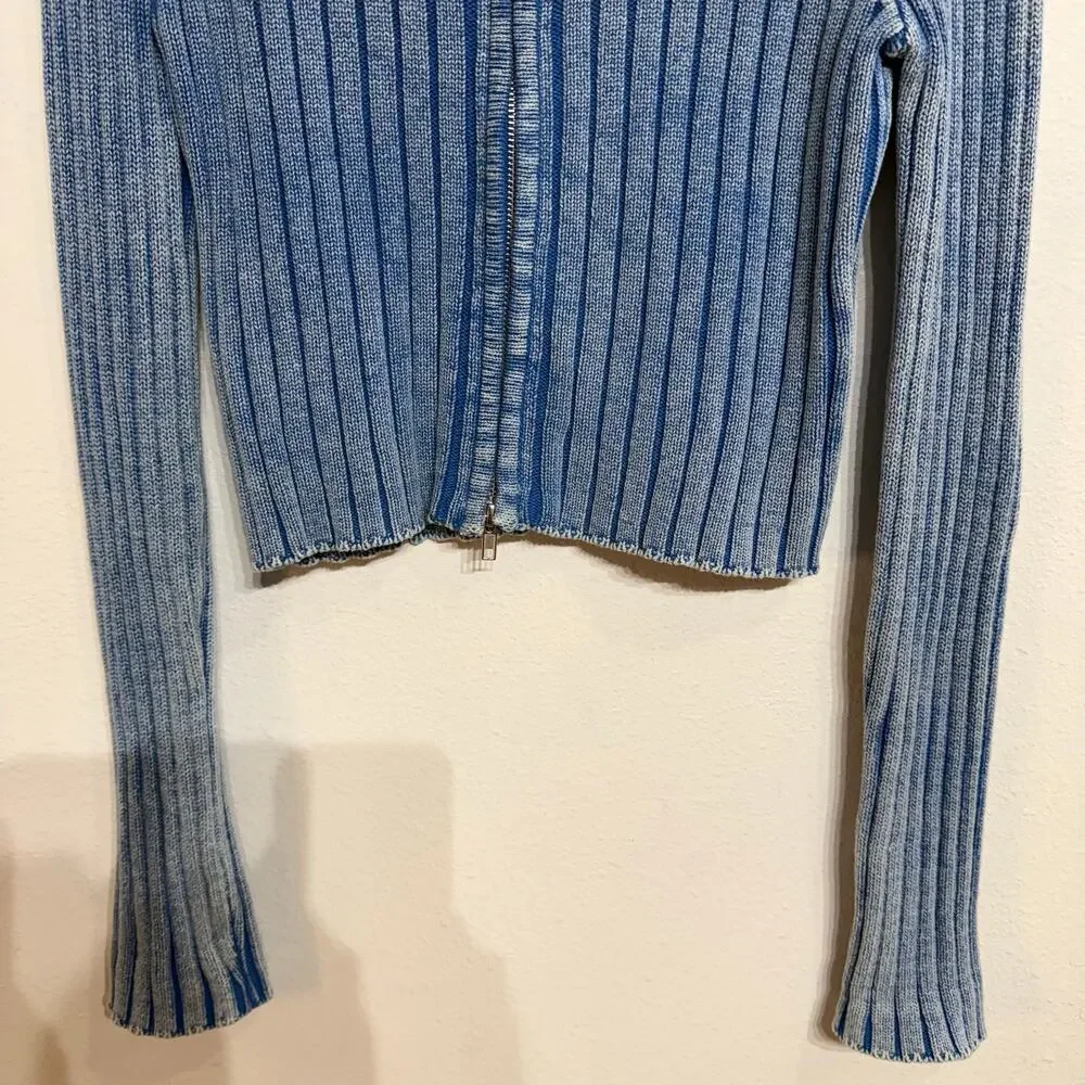Forever 21 Blue Ribbed Full Zip Sweater Cropped Mock Neck Zip Up Sz L